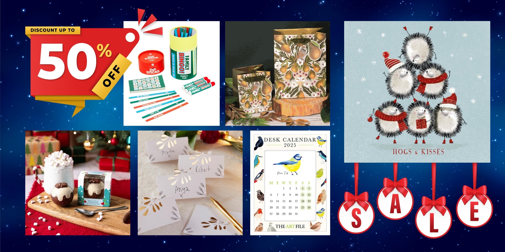 Selection of Christmas cards, chocolates, gifts and calendars on sale up to 50%