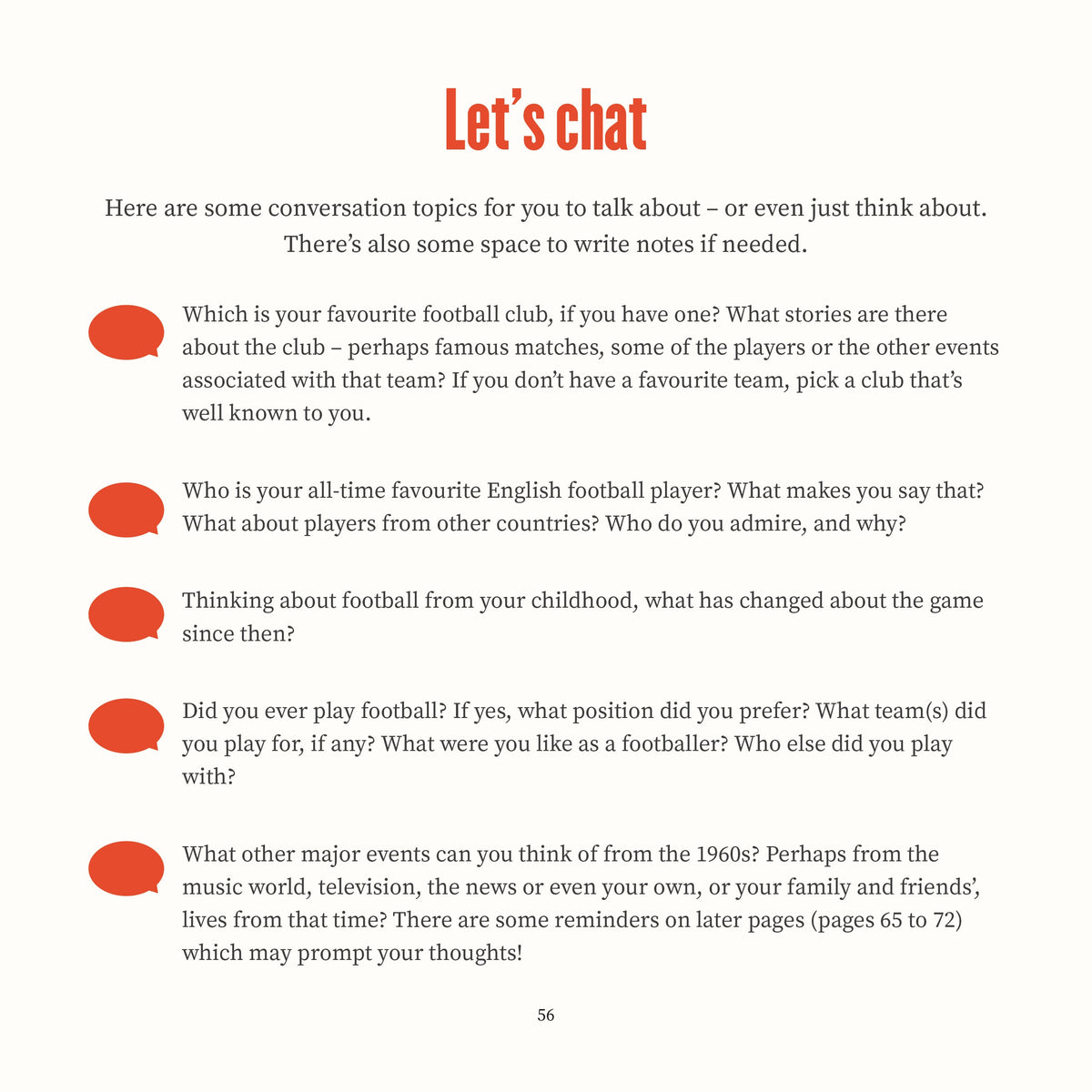 A list of questions under heading &#39;Let&#39;s chat&#39; to talk about football