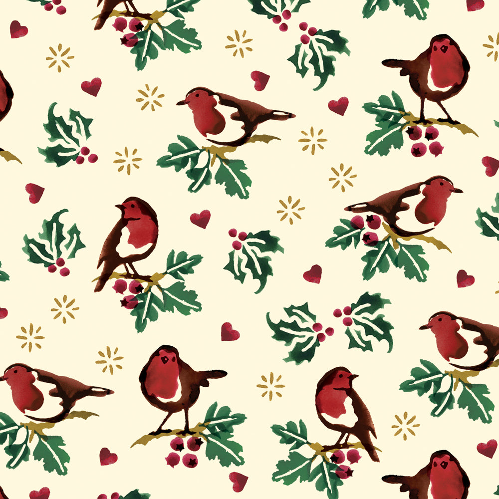 Pattern of red birds, green holly leaves, and red berries on an off-white background.