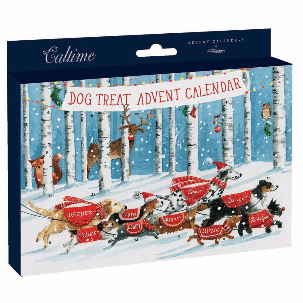 Dog treat advent calendar packaging with dogs in a snowy forest scene.