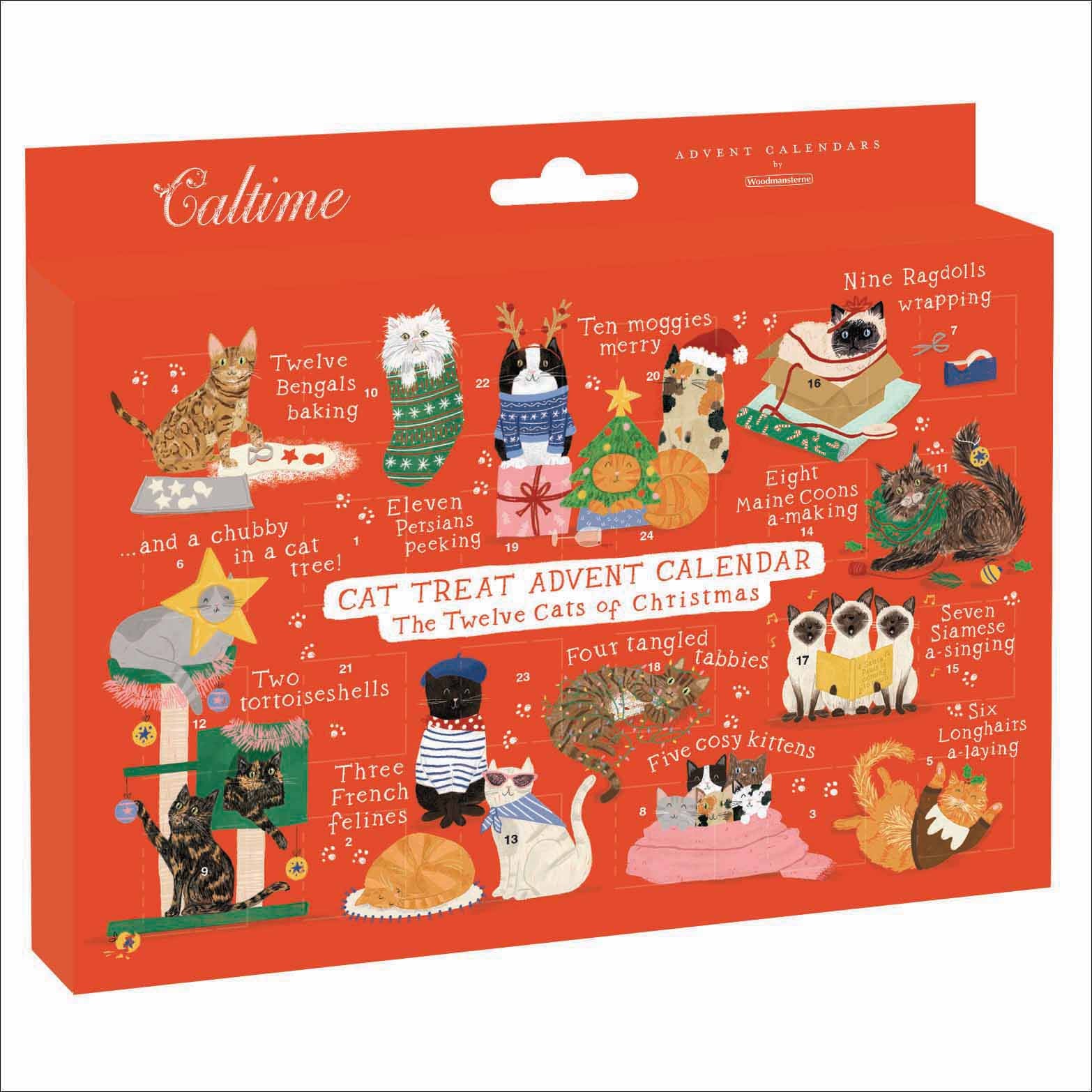 Cat-themed treat advent calendar packaging with illustrations of cats in various poses and outfits.