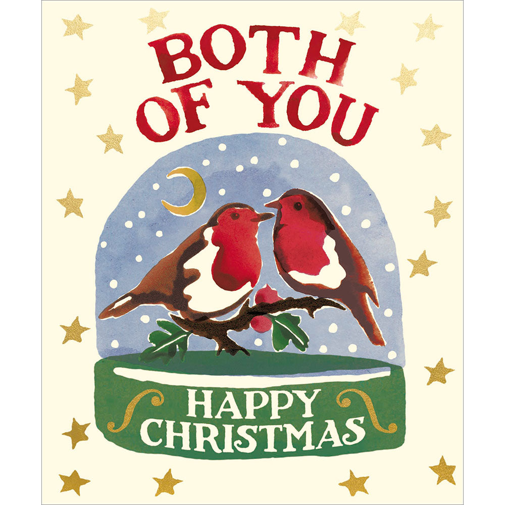 2 robins on a branch in a snowglobe shape with text saying both of you Happy Christmas with gold stars on a white background.