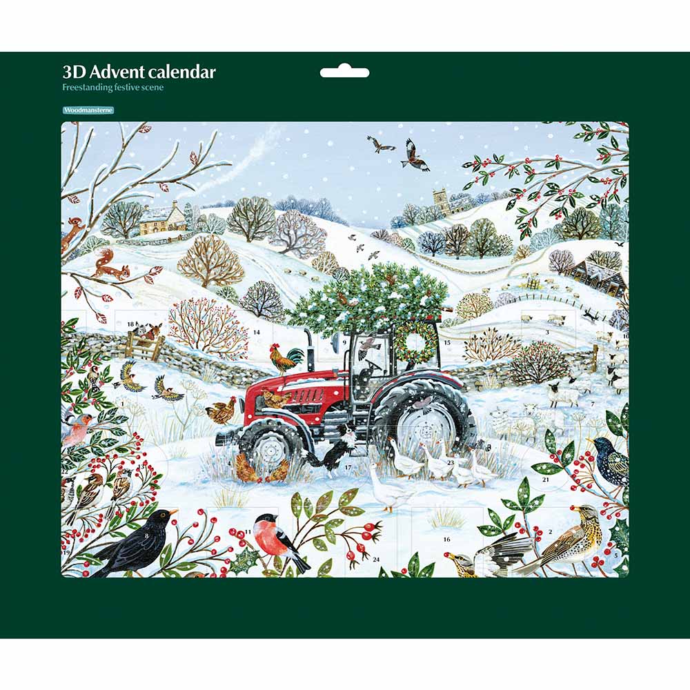 Festive countryside scene with a tractor carrying a Christmas tree advent calendar with 24 doors to open on a white background.