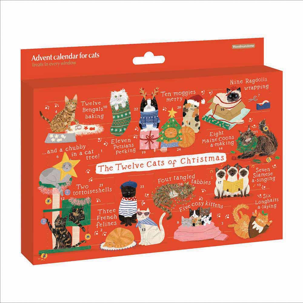 Red advent calendar illustrated with cats and 24 doors of treats to open on a white background.