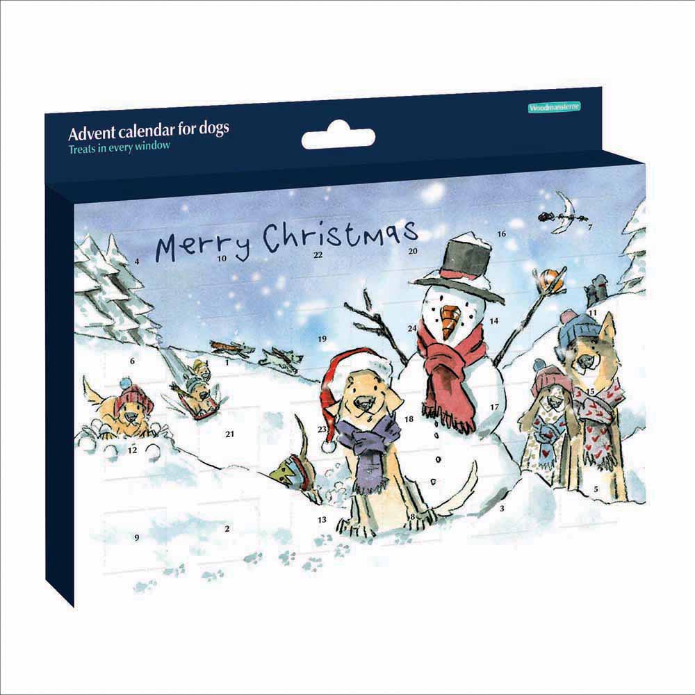 Blue advent calendar with festive snowman and dogs illustration with 24 days of treats for dogs on a white background.