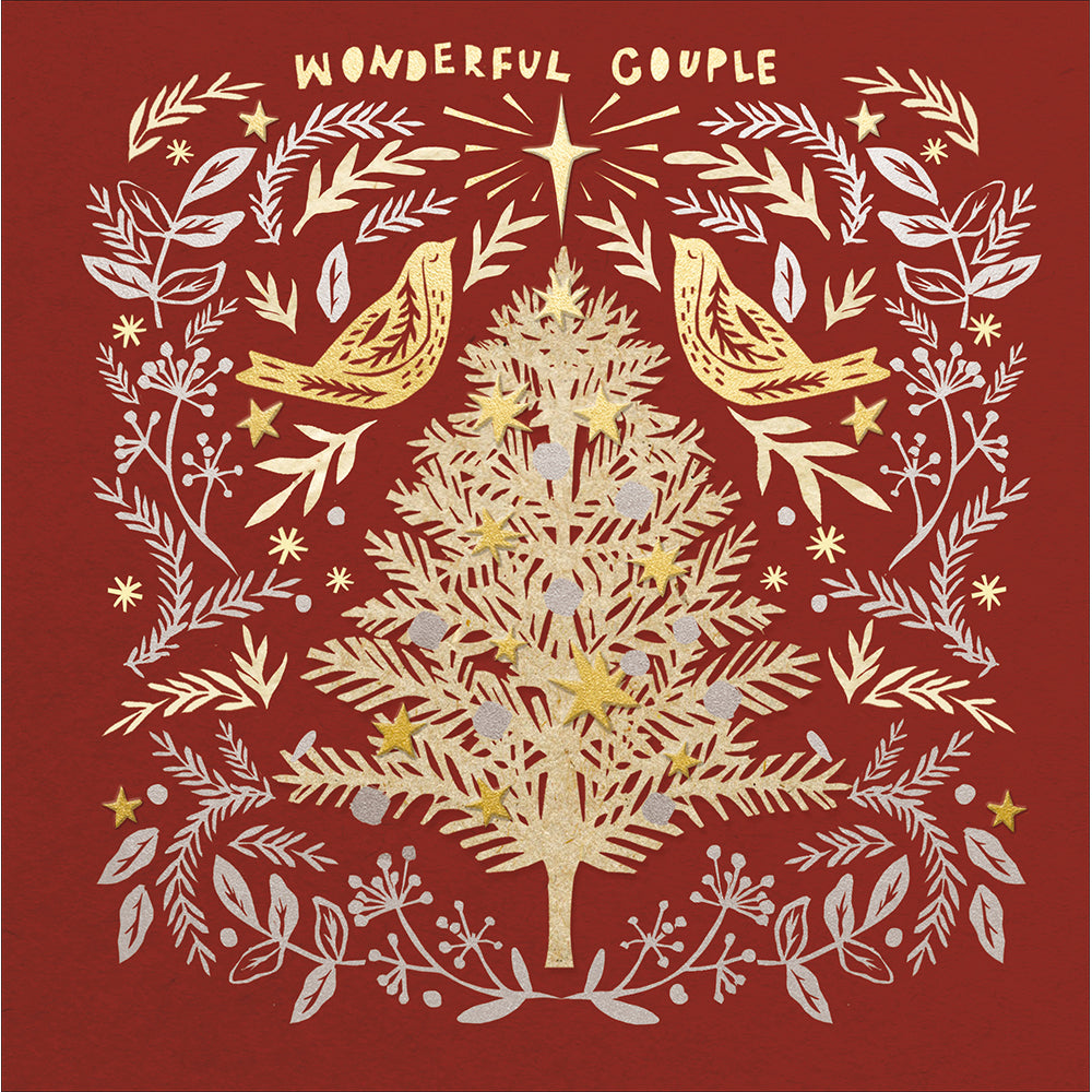 Gold foiled Wonderful Couple festive Christmas tree with fesive foliage on a Red greetings card on a white background.