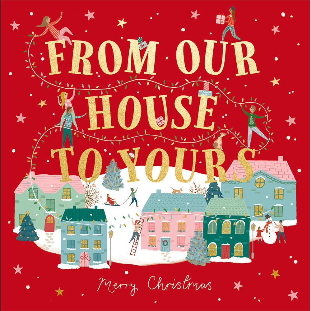 Red Christmas card with a festive village with ice rink illustration, with the wording From Our House to Yours, Merry Christmas on a white background.