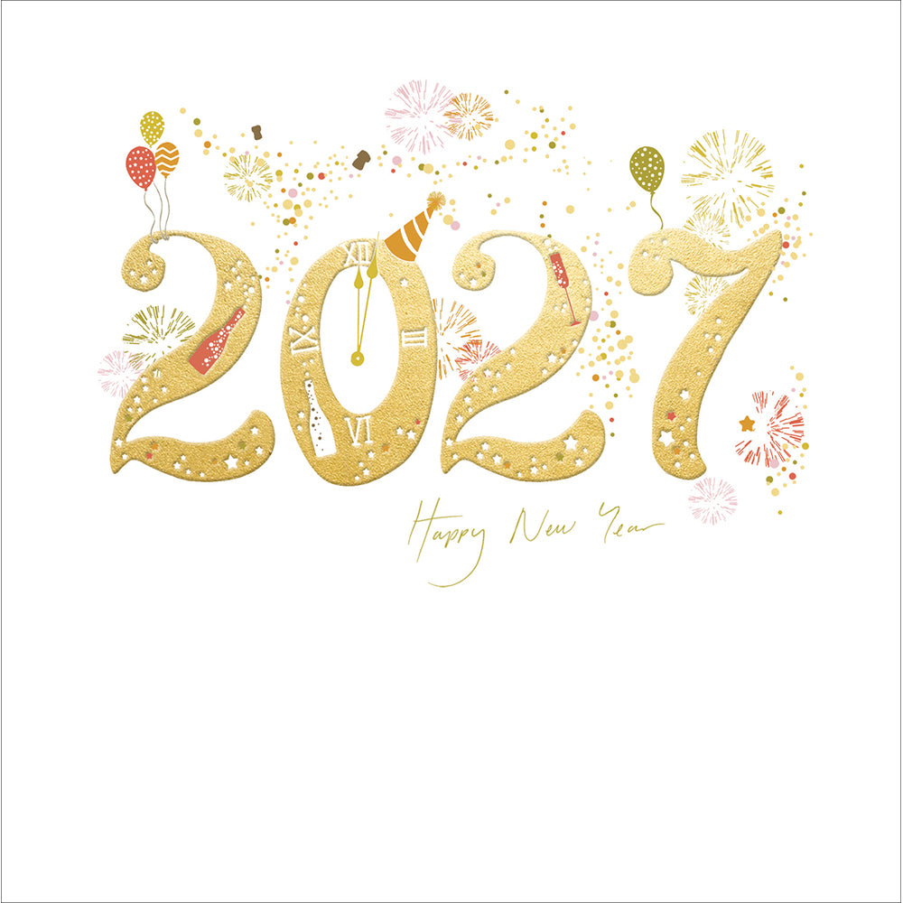 Gold foil 2027 Happy New Year with celebration illustrations greetings card on a white background.