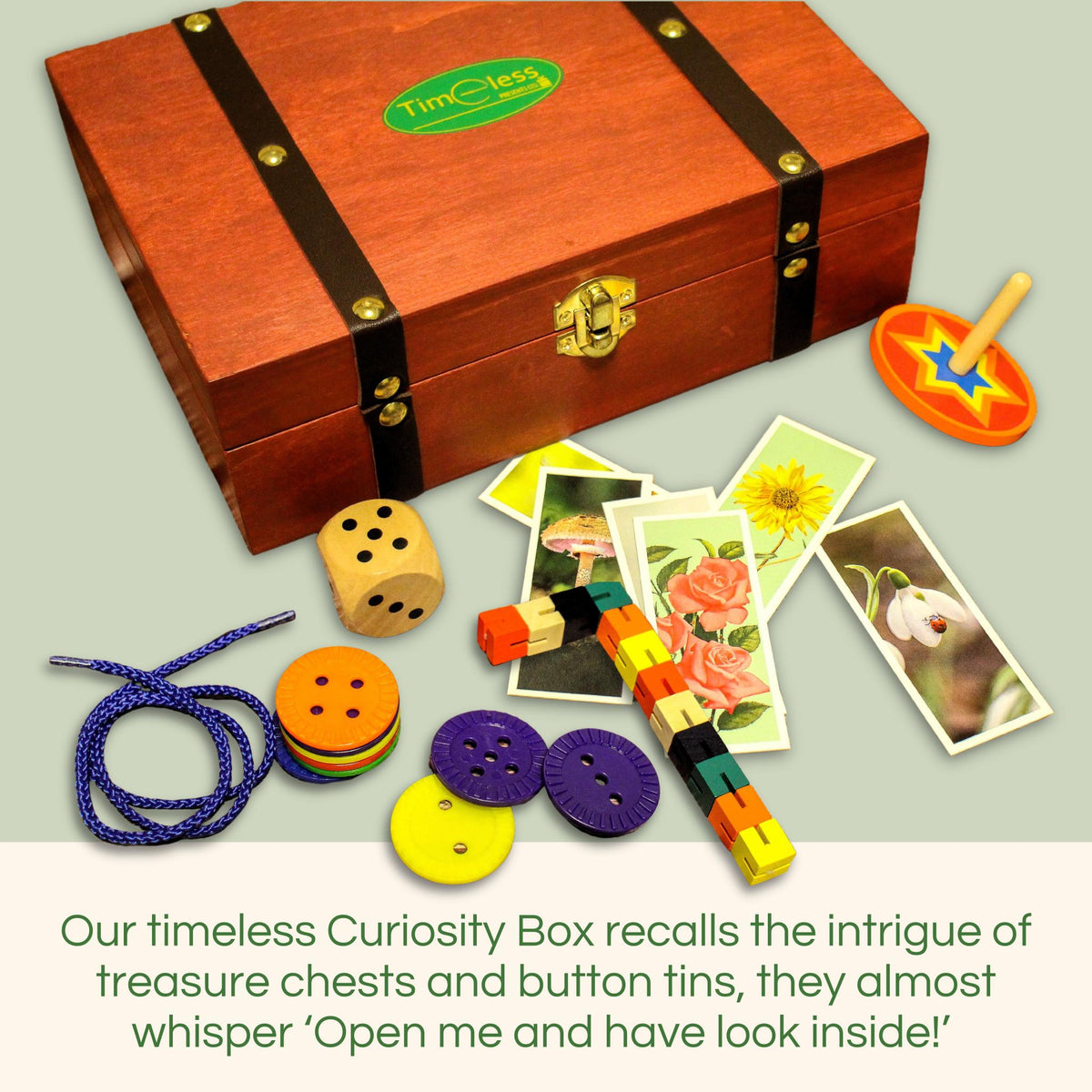 Treasure chest with lots of objects to explore in it like buttons and fidget products