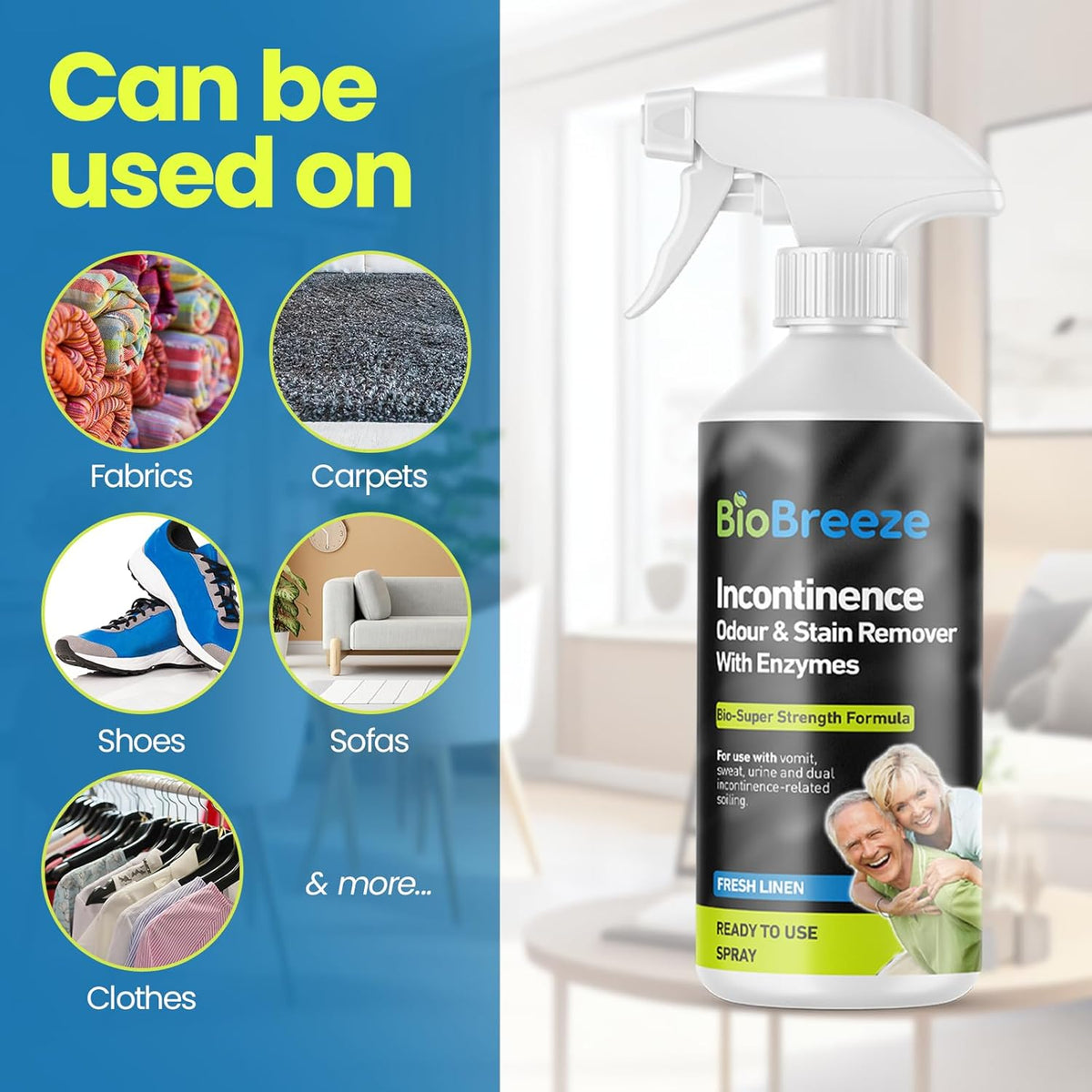 Spray can be used on fabrics, carpets, shoes, sofas, clothes and more