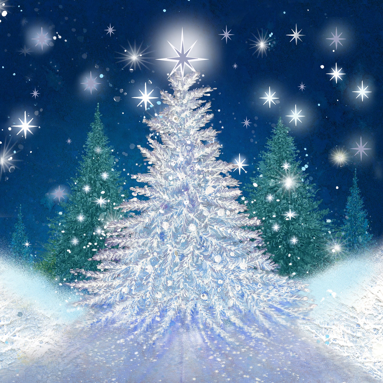 Silver & Green trees in a magical forest scene with bright stars in a night sky.