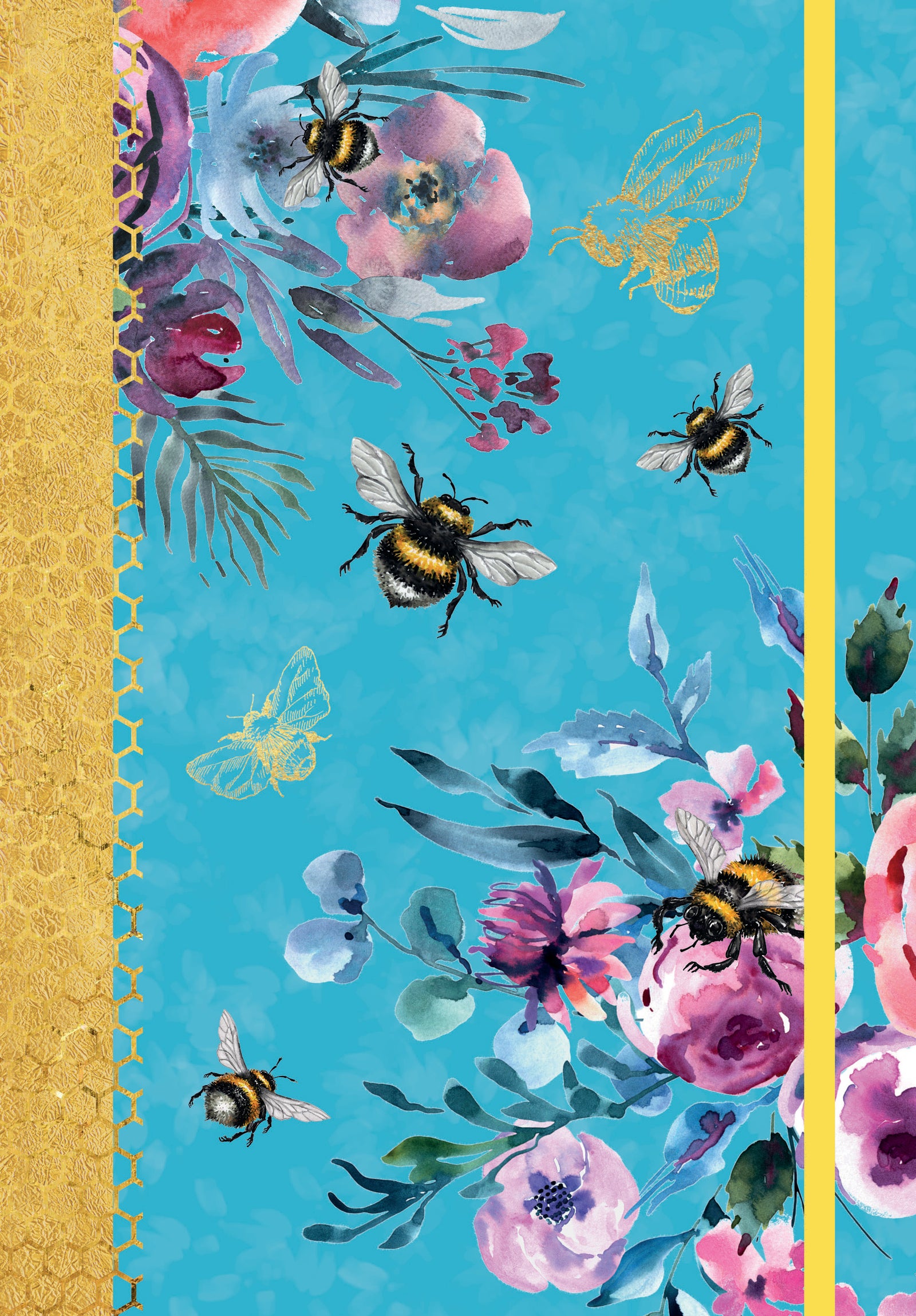 Journal with floral design and bees on a teal background