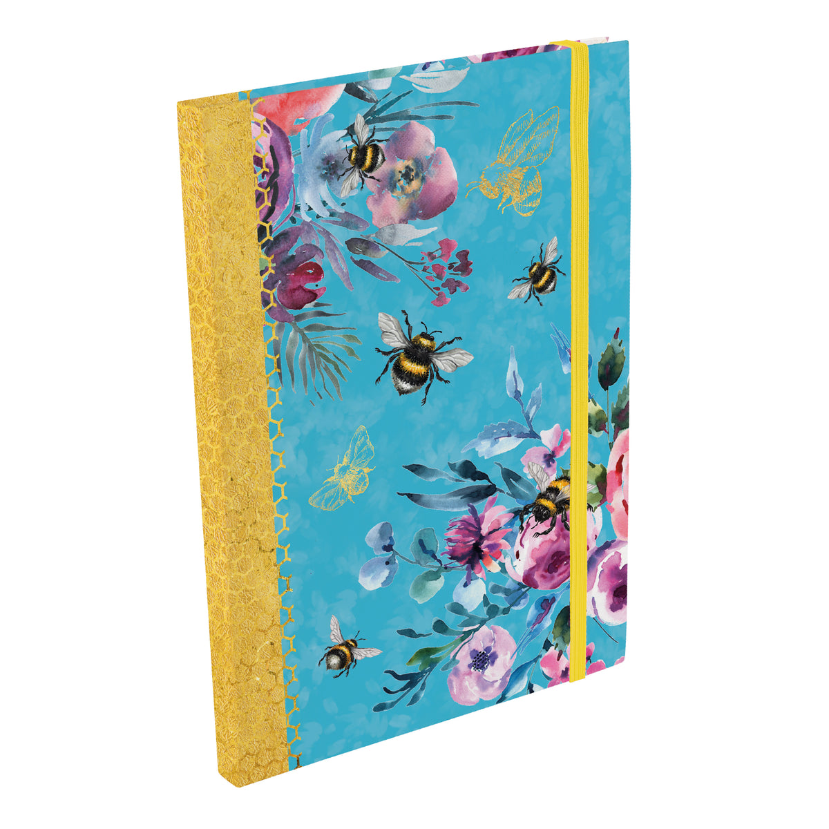 Notebook with floral design and bee illustrations on a white background
