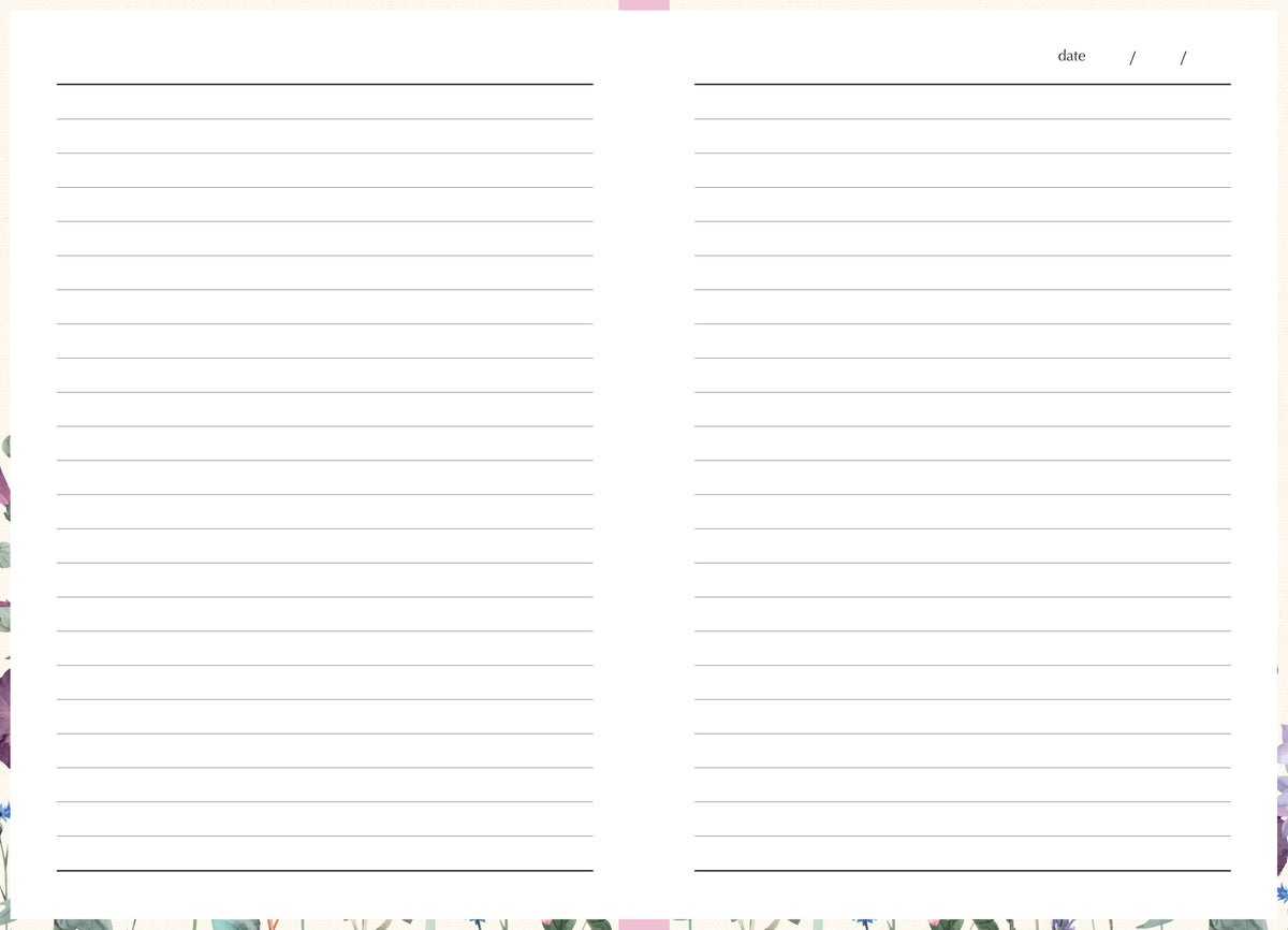 An open planner or notebook showing two blank lined pages with a date line at the top right, framed by a light beige border and small floral accents along the bottom edges.