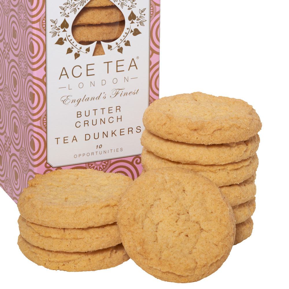 Ace Tea London Butter Crunch Tea Dunkers cookies displayed in front of their pink and white patterned packaging box on a white background.
