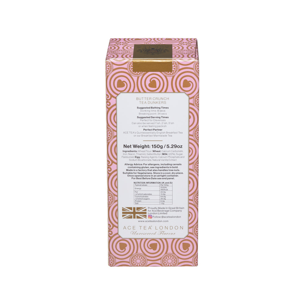 A box of Age Tea London Butter Crunch Tea Sandwich on a plain white background. The packaging features a pink and white wavy pattern with a gold accent band at the top and a large white label in the center containing product details.
