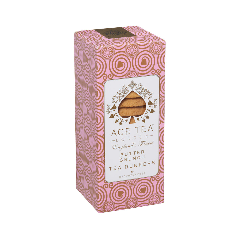 Pink packaging of Ace Tea London Butter Crunch Tea Dunkers on a white background