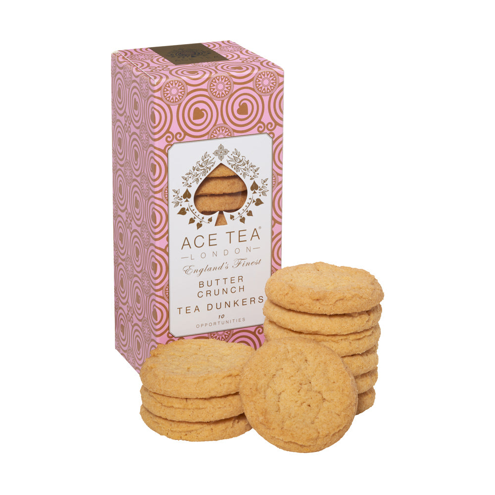Ace Tea London Butter Crunch Tea Dunkers cookies displayed in front of their pink patterned packaging box on a white background.