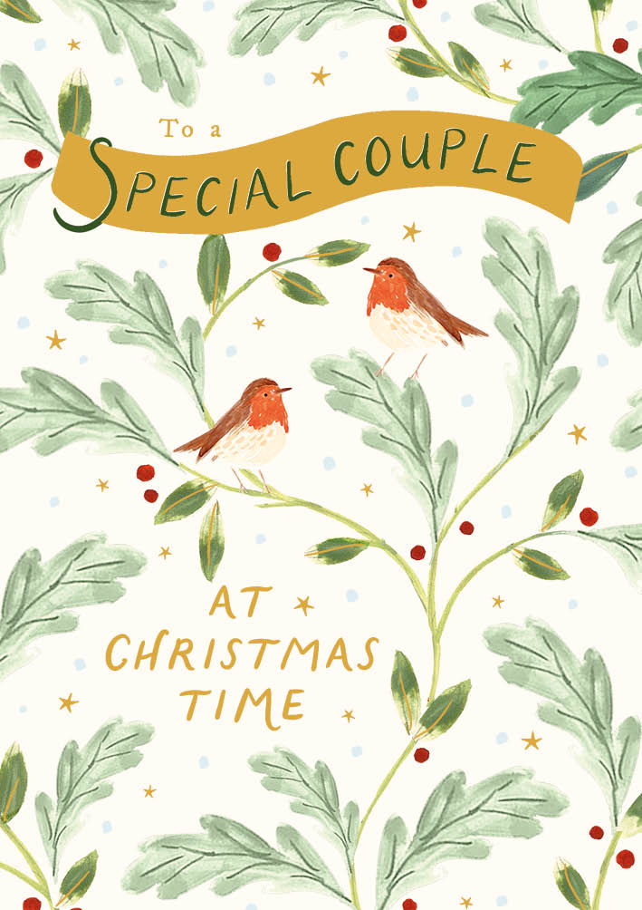 To a special couple christmas card with robins & foliage