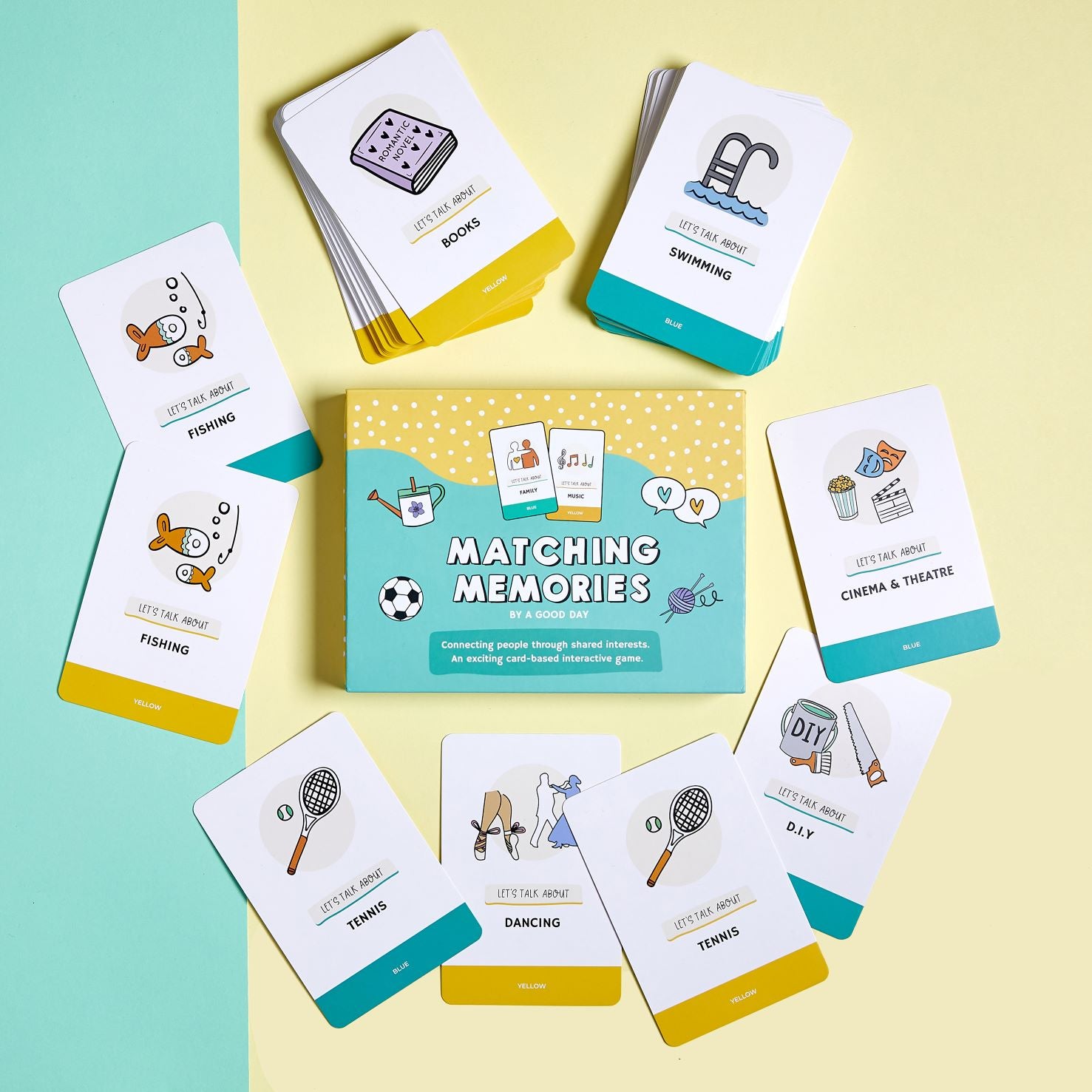 Cards with question topics such as tennis, dancing, DIY, books, fishing