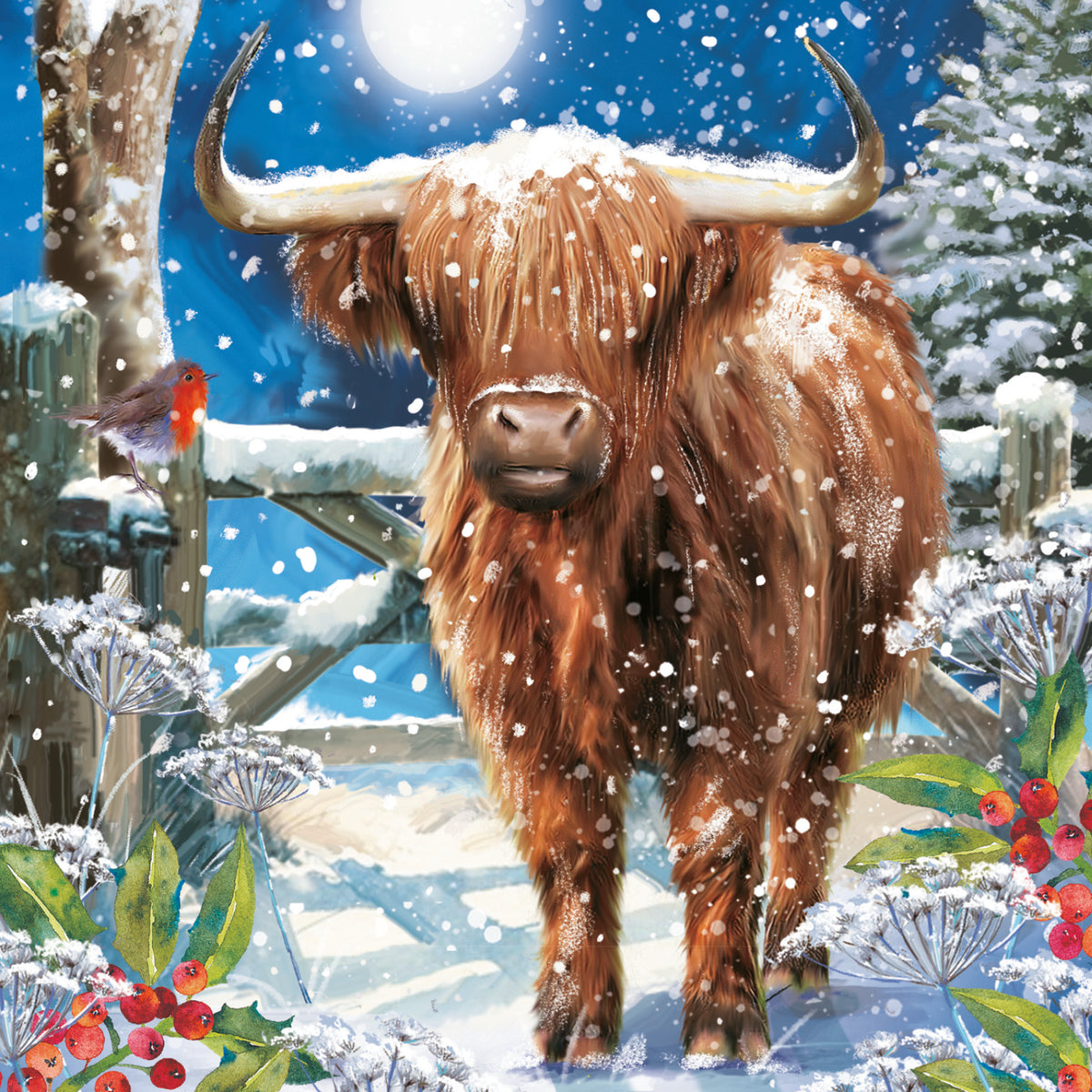 Highland cow and robin hand painted winter scene Christmas card.