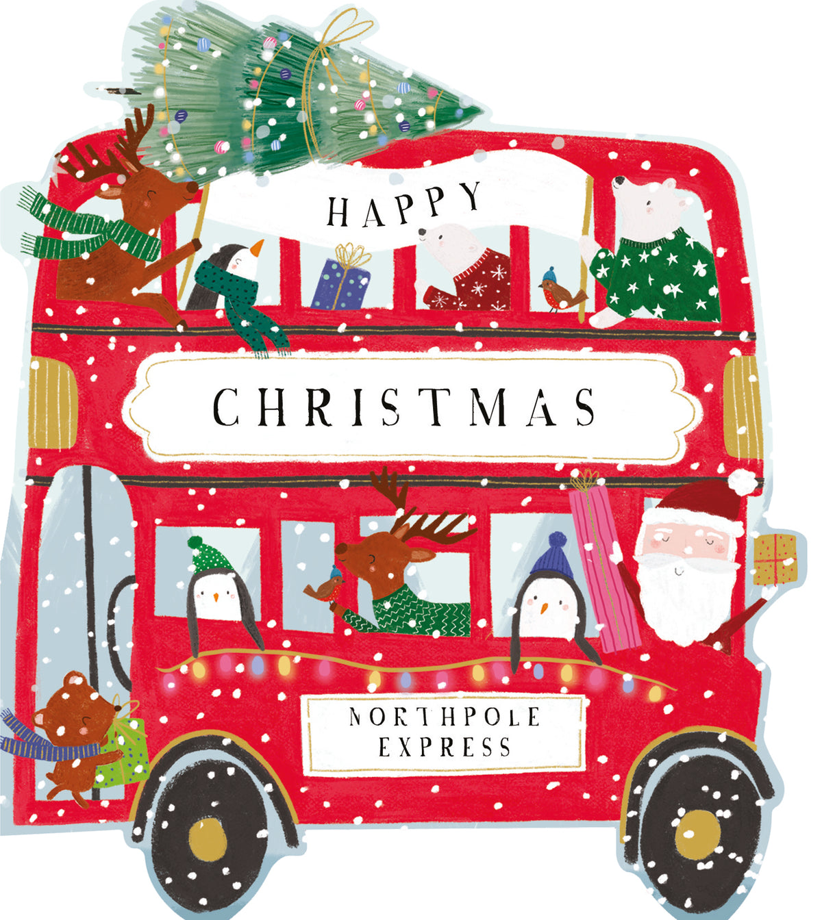 Red double decker bus with a Christmas Tree on top shaped card on a white background.