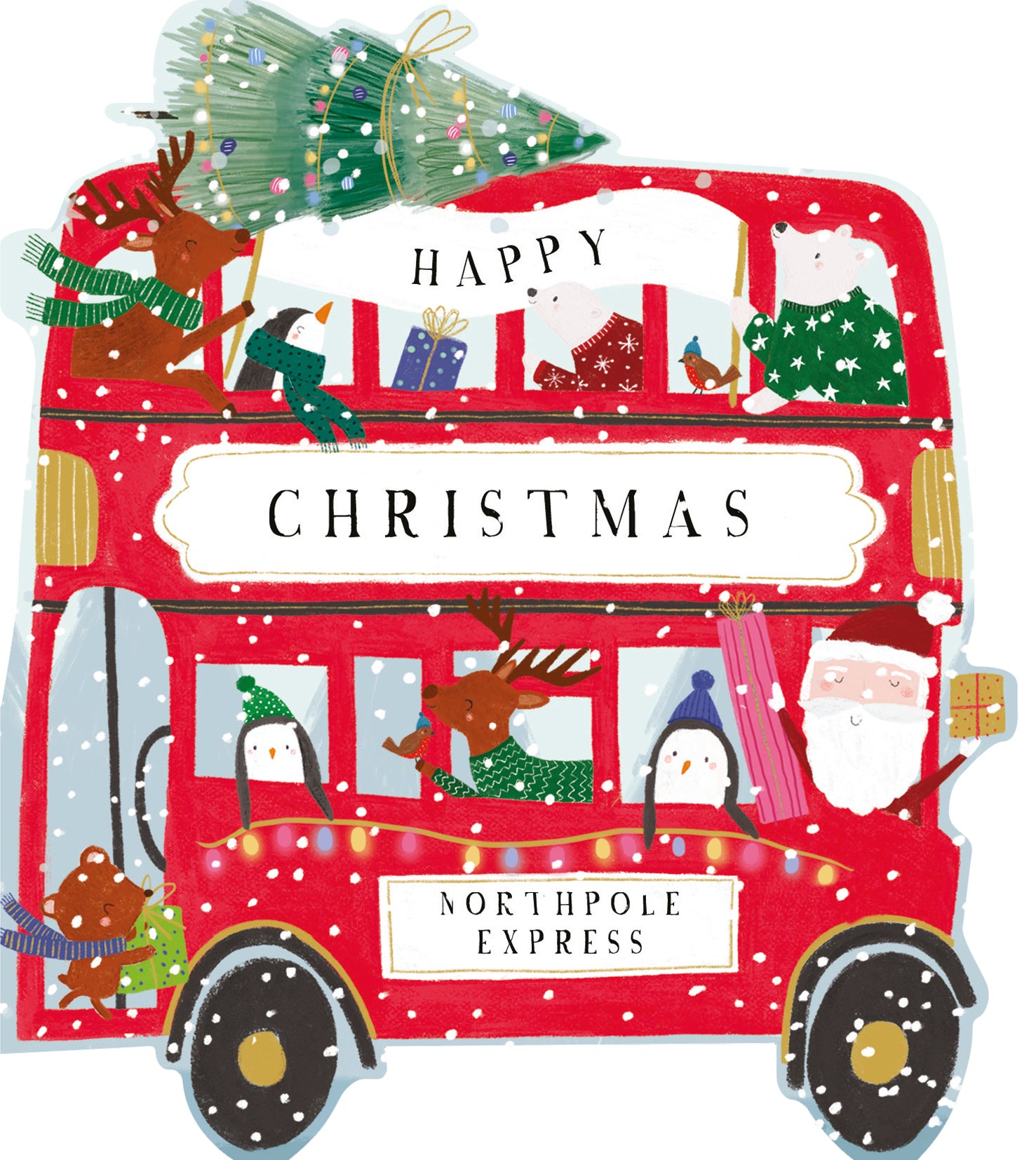 Red double decker bus with a Christmas Tree on top shaped card on a white background.