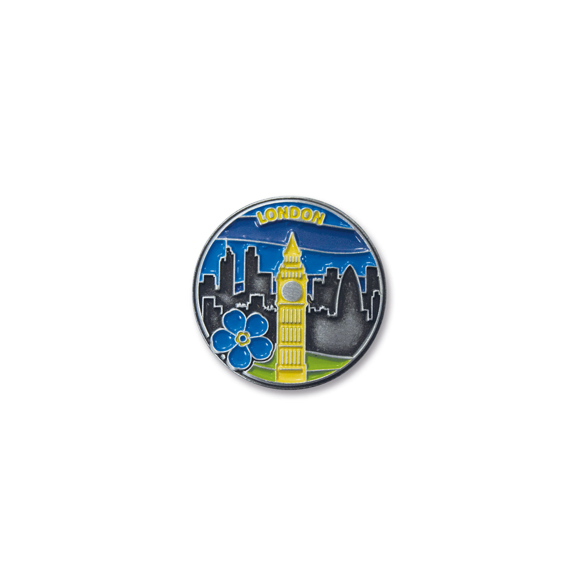 Round badge with Big Ben and London skyline design on a white background