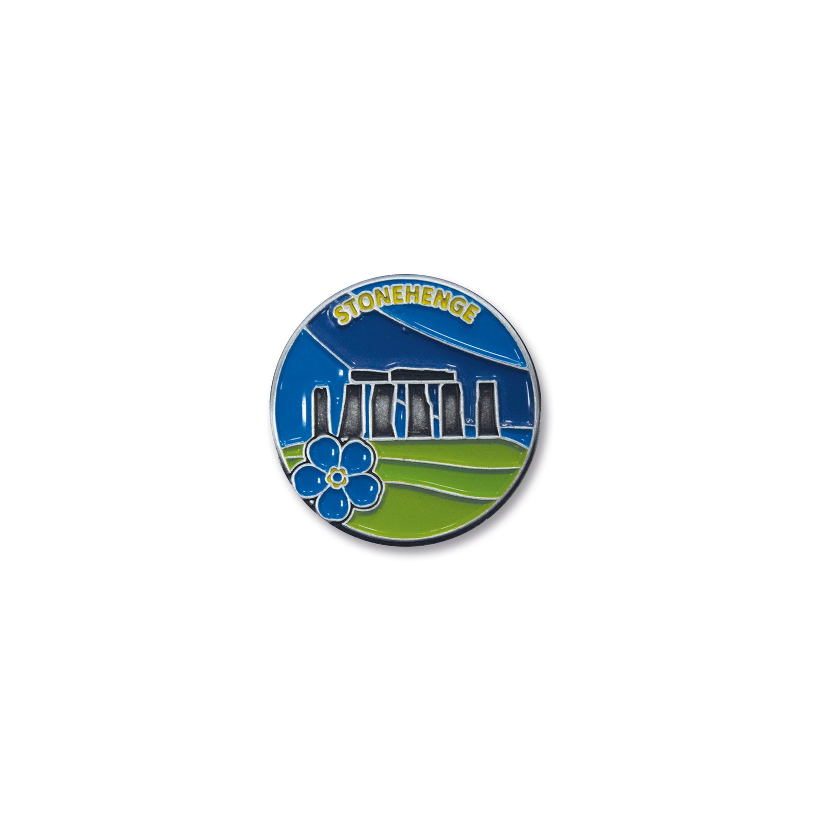 Round badge with Stonehenge design on a white background
