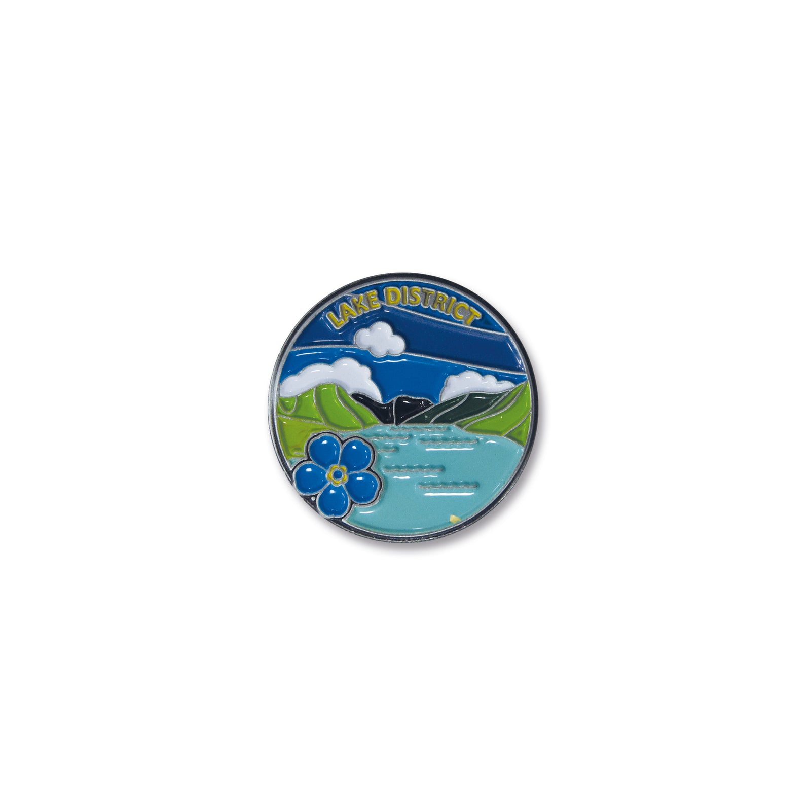 Round badge with 'Lake District' design featuring mountains and a flower on a white background