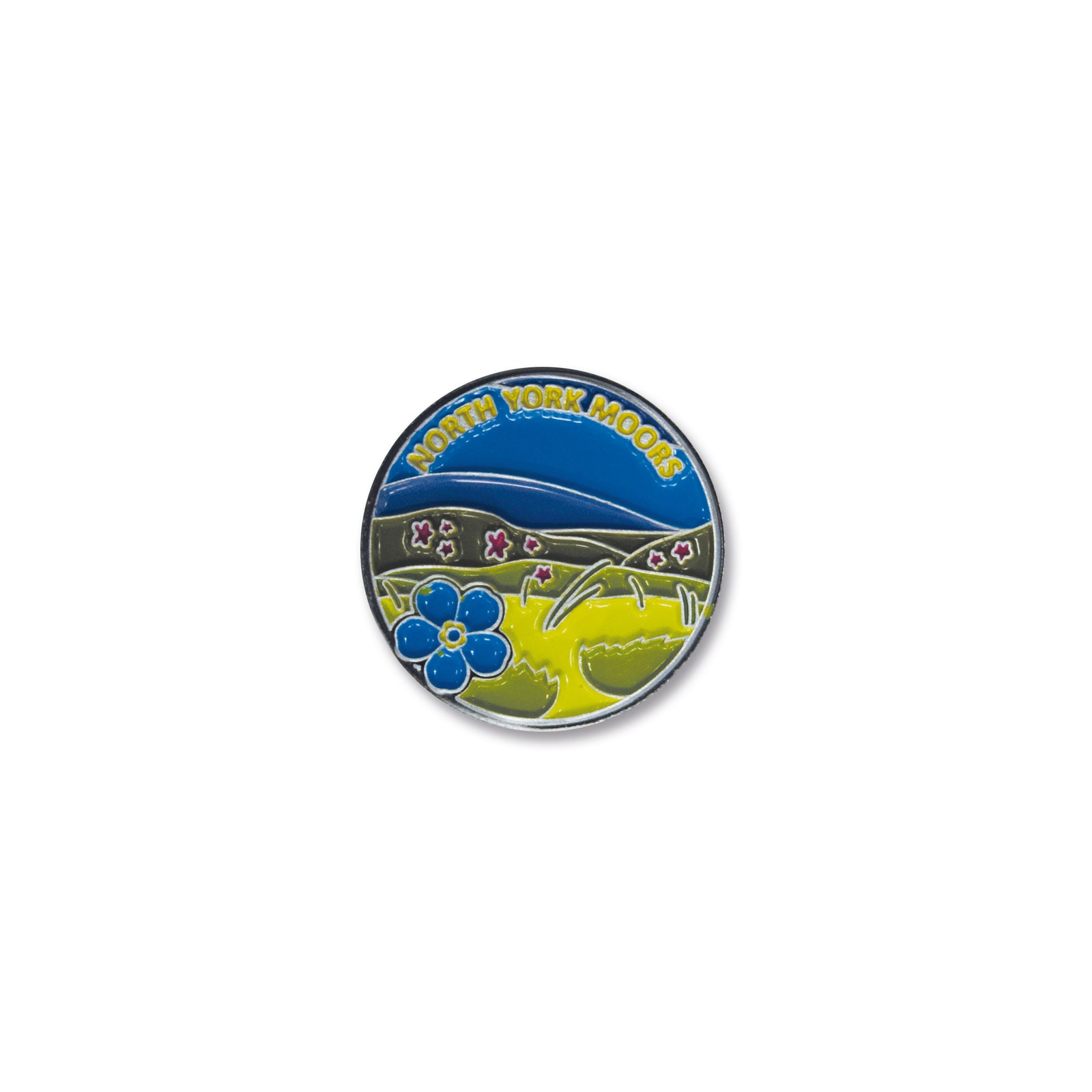 Round badge with 'North York Moors' text and landscape design on a white background