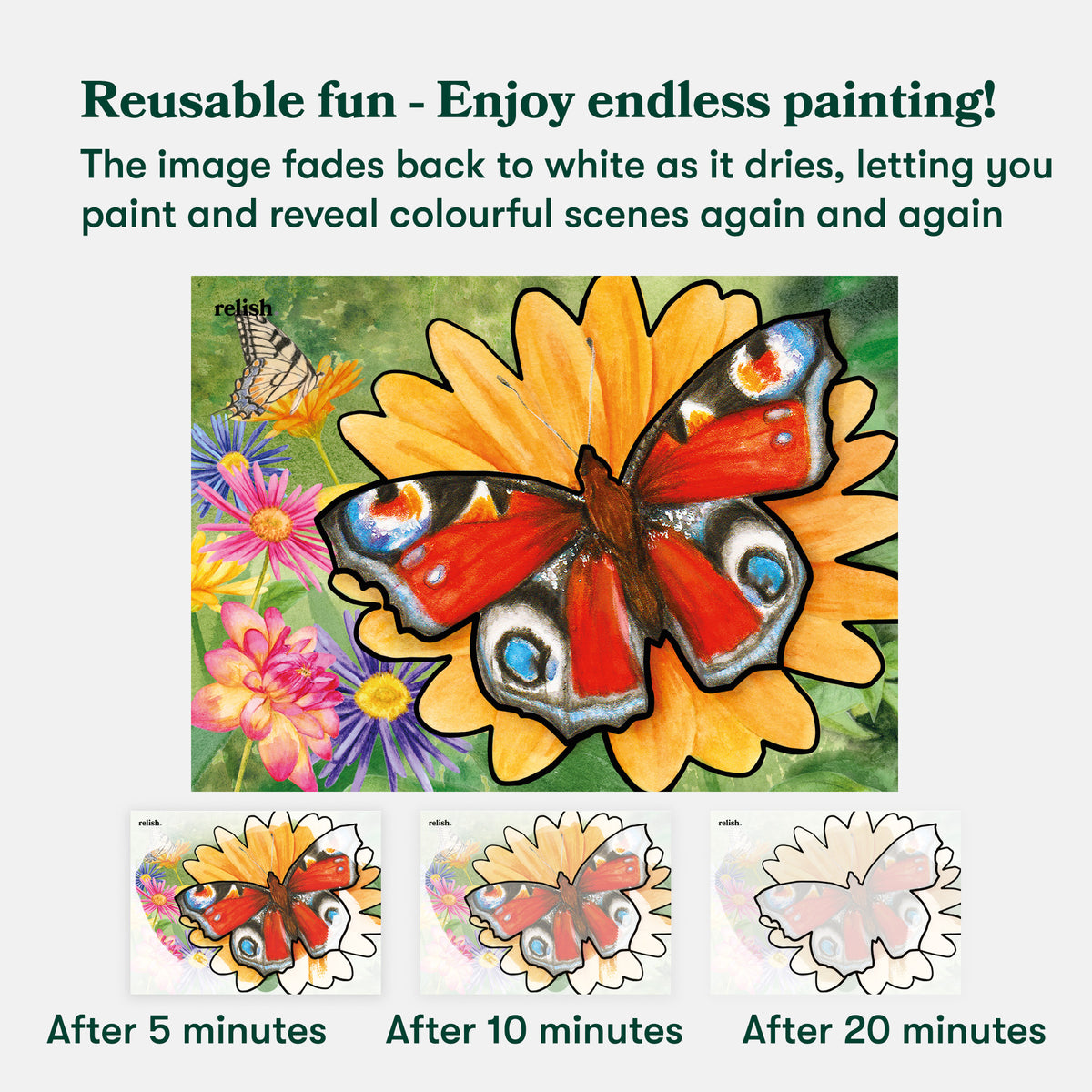 A painting kit cover or promotional graphic showing a painted butterfly on a yellow flower with colorful flowers in the background, plus three smaller sample images showing the artwork fading out as it dries after 5, 10, and 20 minutes. Text at the top reads 'Reusable fun - Enjoy endless painting!'.