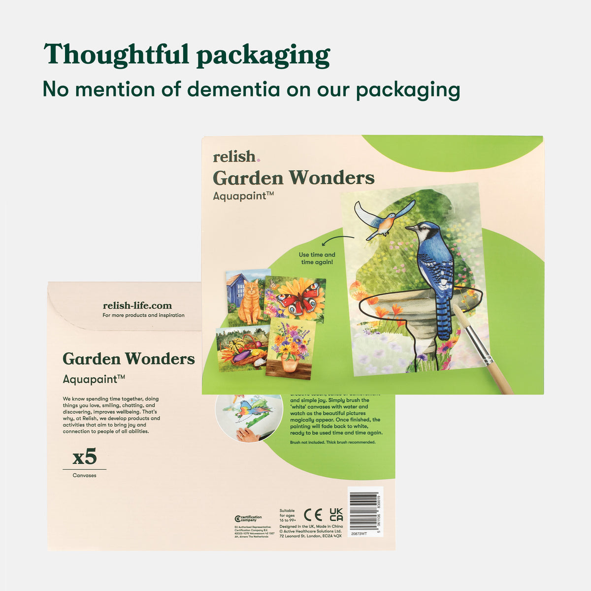 Product packaging mockup for 'Garden Wonders' Aquapaint watercolor paint by relish, showing both the front cover with colorful painting illustrations and the back cover with product details, on a light gray background with marketing text at the top.