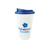 White tumbler with blue lid featuring Alzheimer's Society logo on a white background