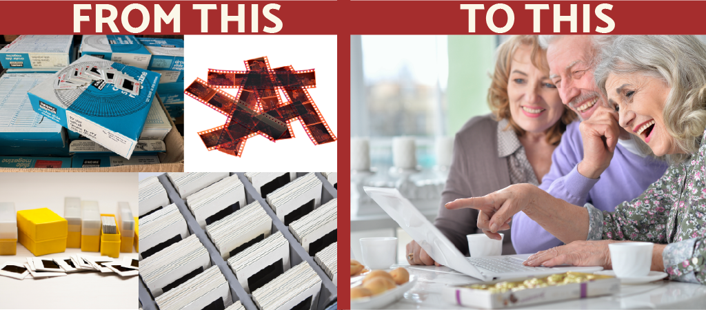 Collage of product packaging and a family using a laptop, with text 'FROM THIS TO THIS'.