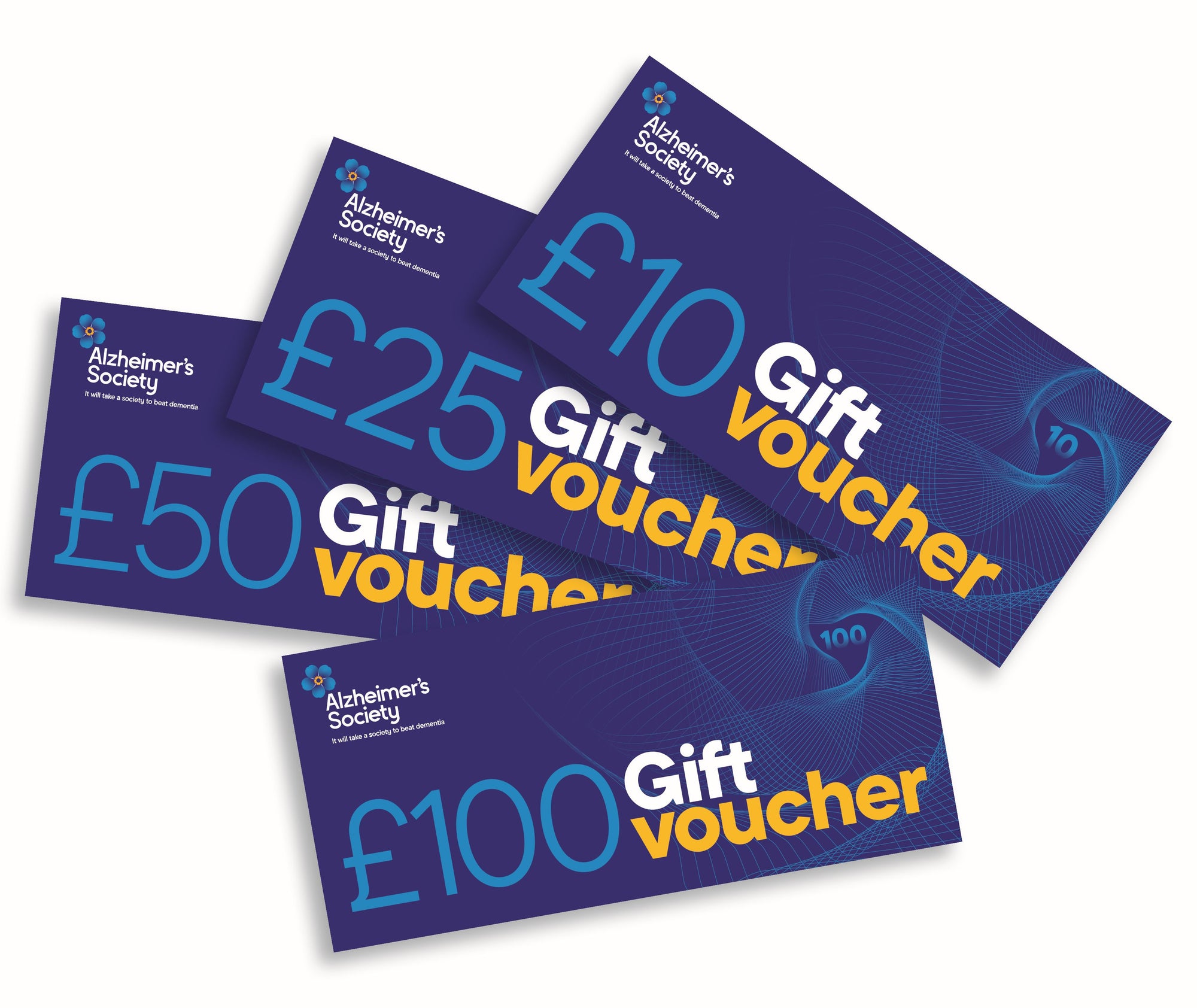 Fanned £10, £25, £50 and £100 digital gift vouchers from the Alzheimer's Society