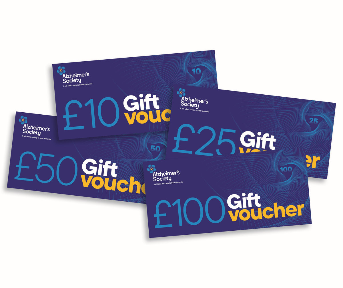 Fanned £10, £25, £50 and £100 digital gift vouchers from the Alzheimer&#39;s Society