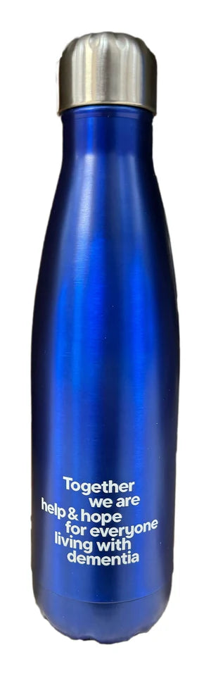 Blue water bottle with motivational text on a white background