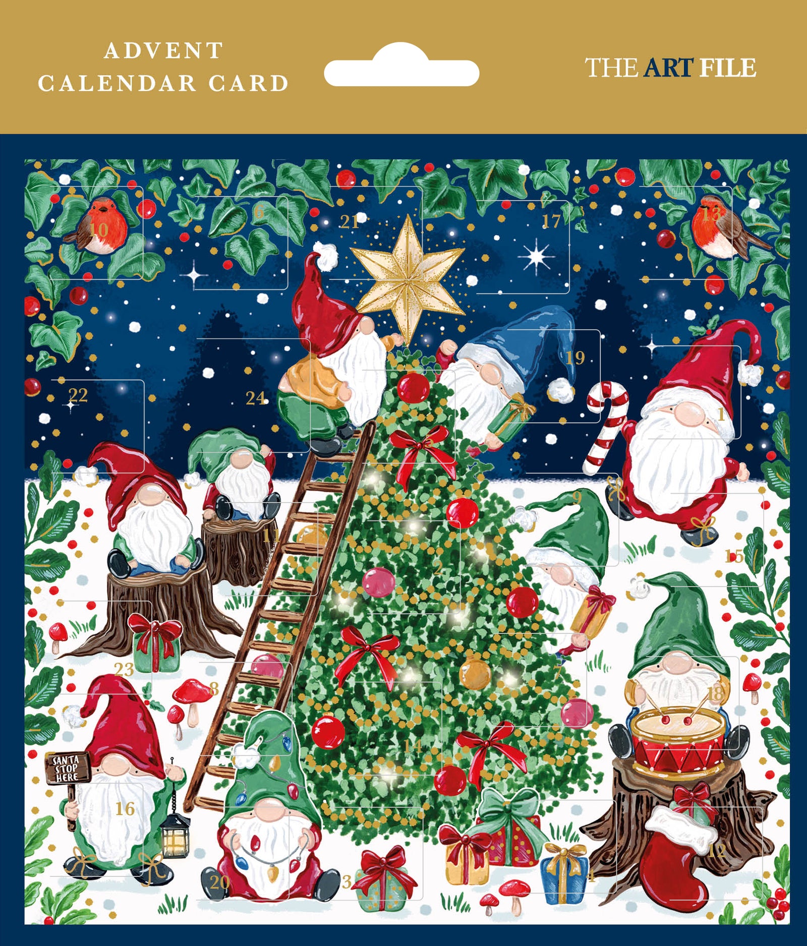 Advent calendar card with a fun design featuring a festive tree with cheeky Christmas gnomes on a white background.