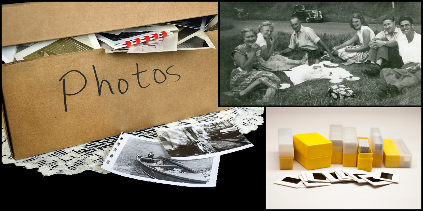Collage of a cardboard box labeled 'Photos', vintage black and white photos, and yellow slide storage boxes.