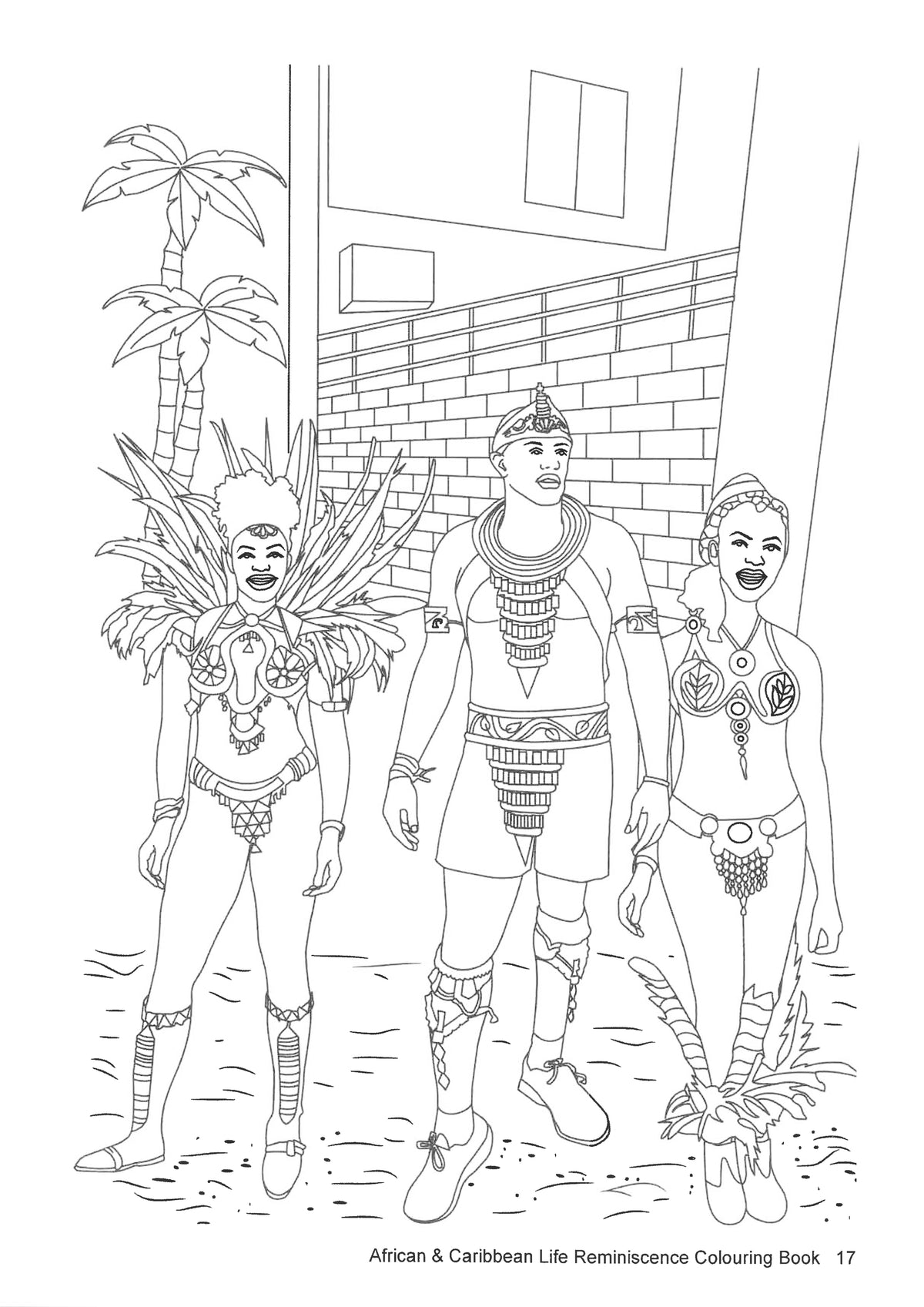Illustration of carnival dancers from the Caribbean which can be coloured in.