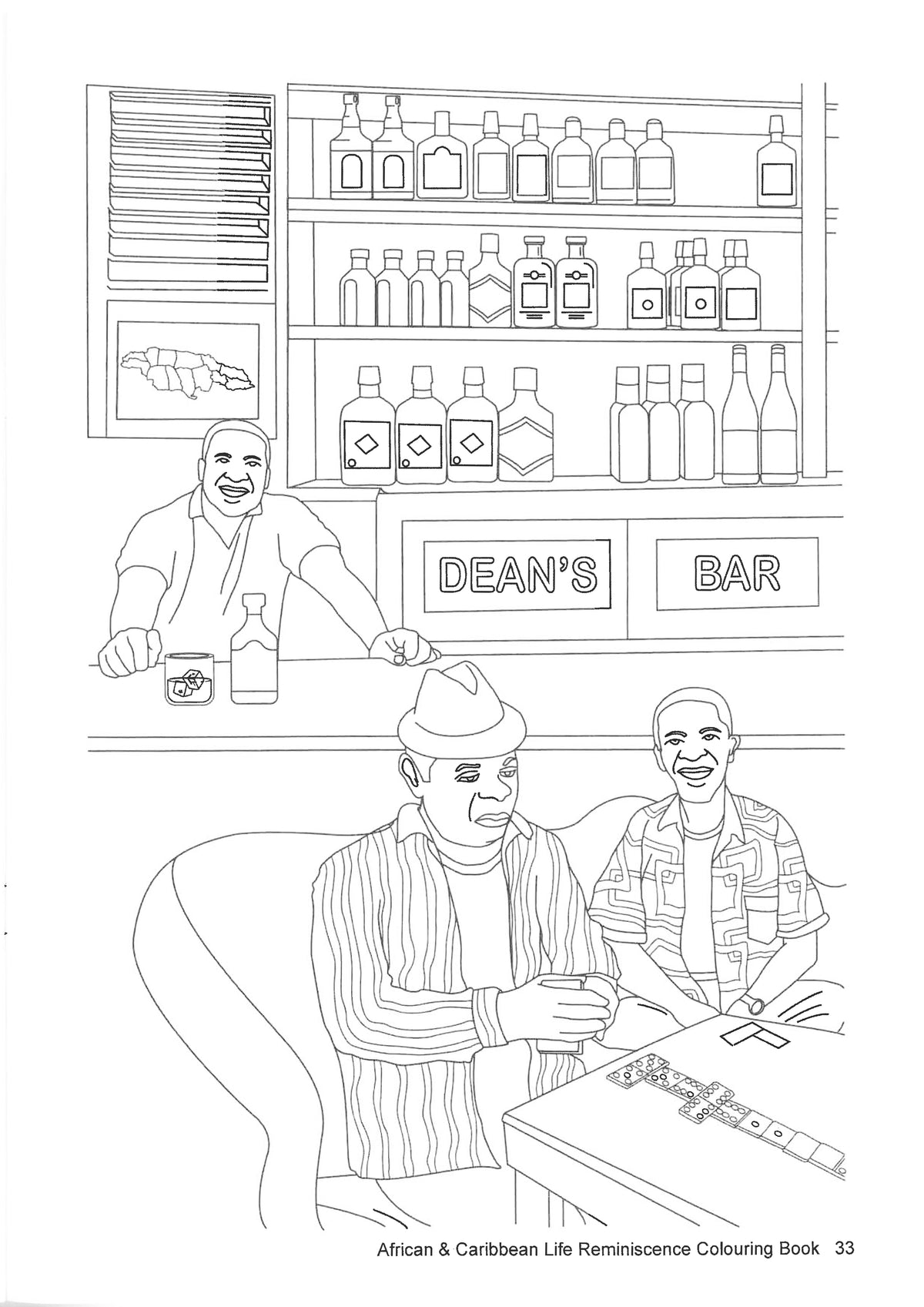 Men playing dominoes at a bar, colouring in book