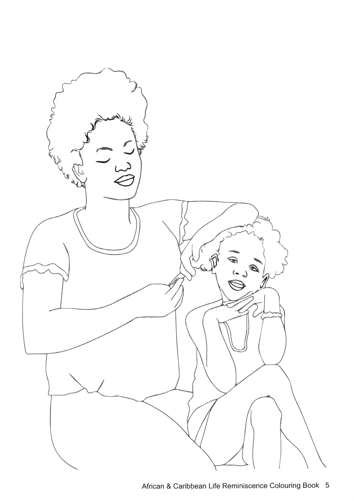 An illustration of a woman braiding a child&#39;s hair which can be coloured in.