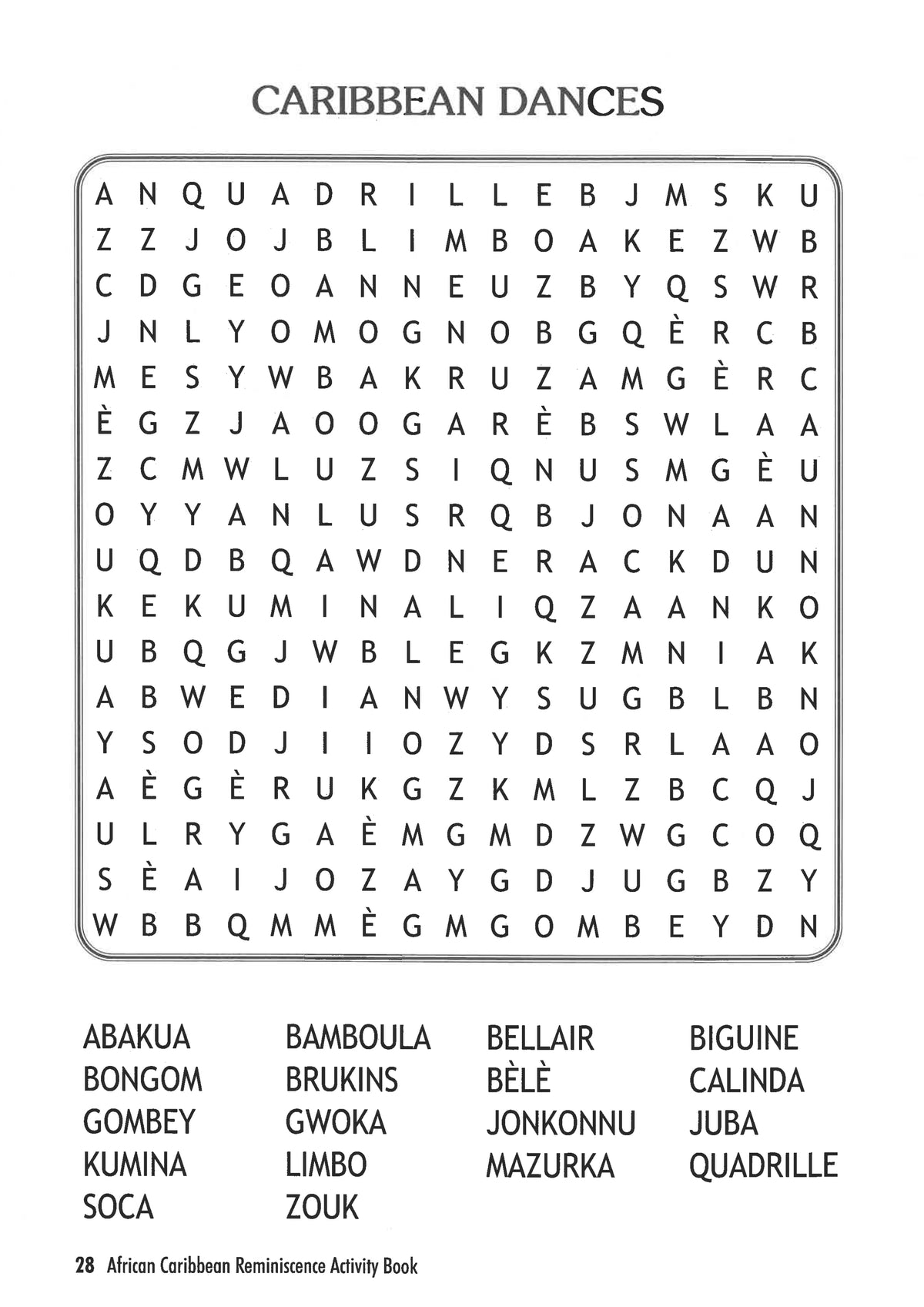 Wordsearch for Caribbean dances such as Quadrille and Gombey