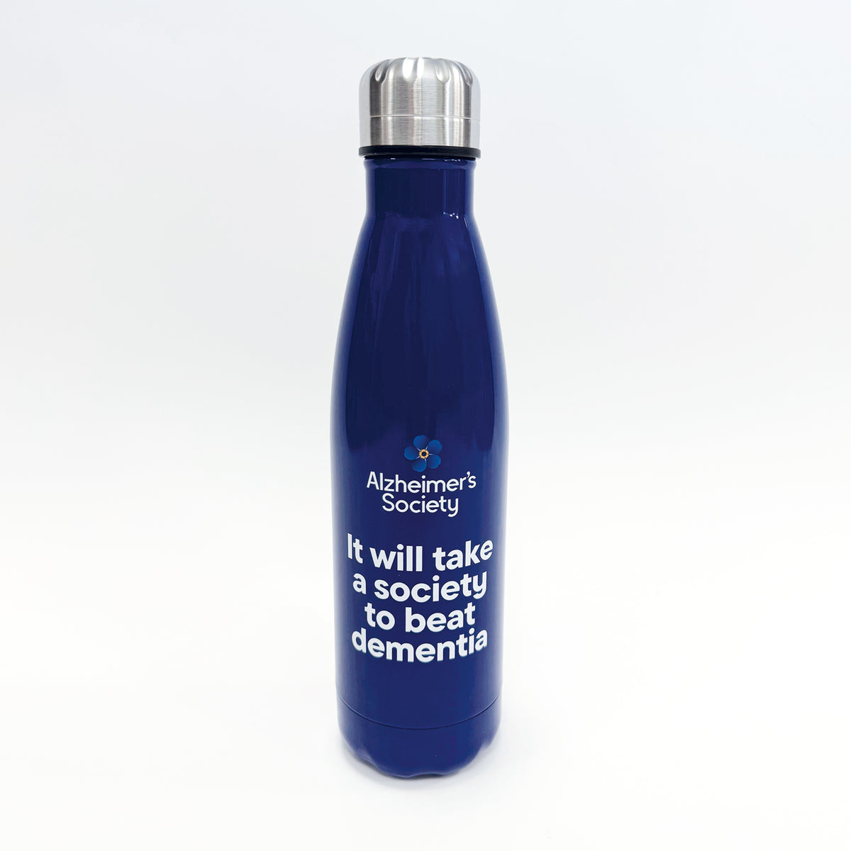 Blue insulated metal bottle featuring the Alzheimer's Society logo on  a navy background and 'It will take a society to beat dementia' and a silver bottle top.
