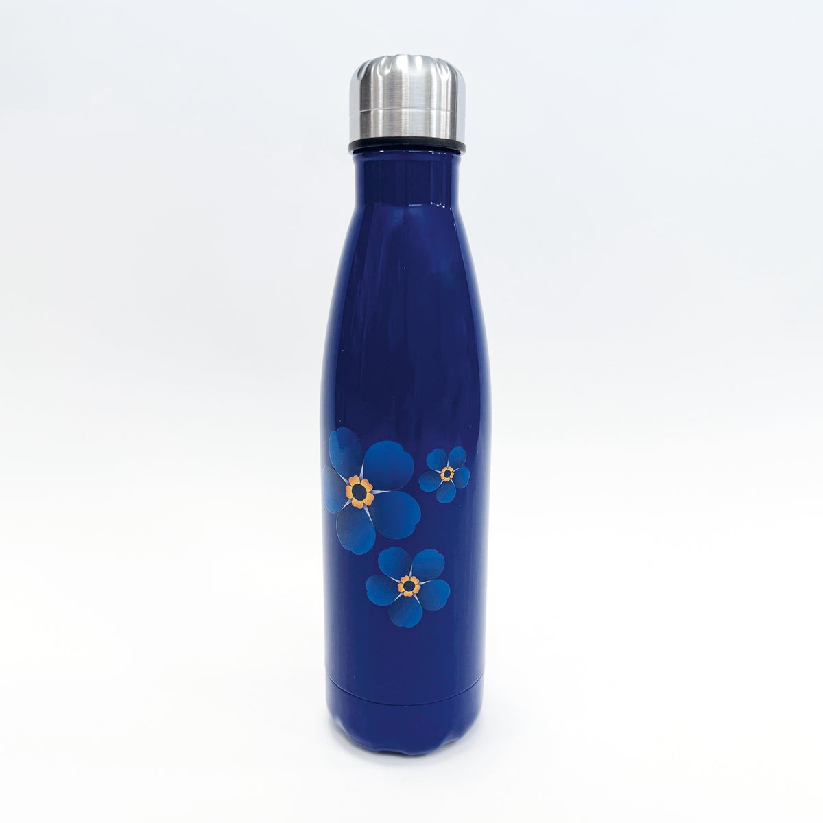 Blue insulated metal bottle featuring 3 blue forget-me-not flower logos on  a navy background and a silver bottle top.