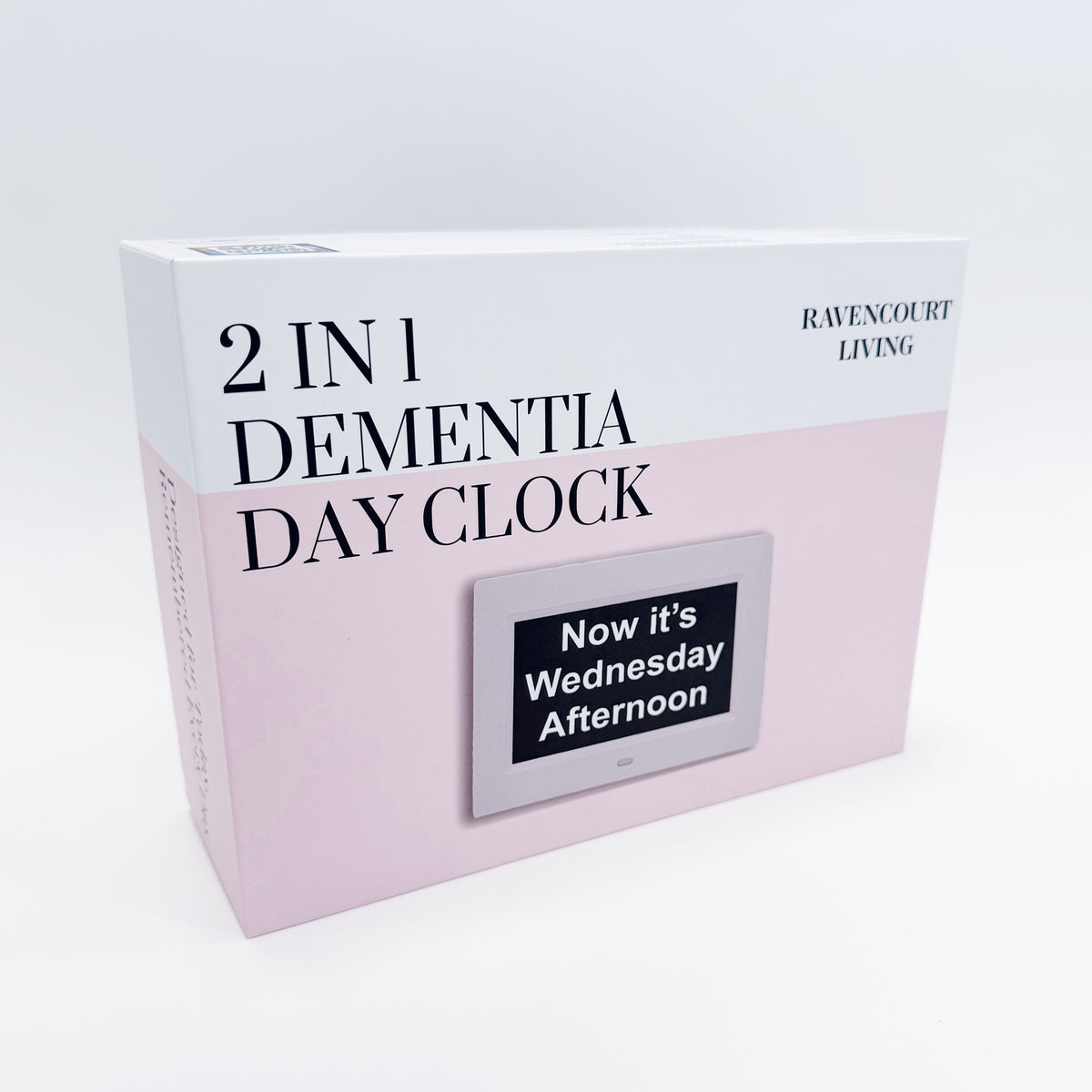 Pink and white box showing '2 in 1 dementia day clock' wording and image of a clock saying 'it's Wednesday afternoon'