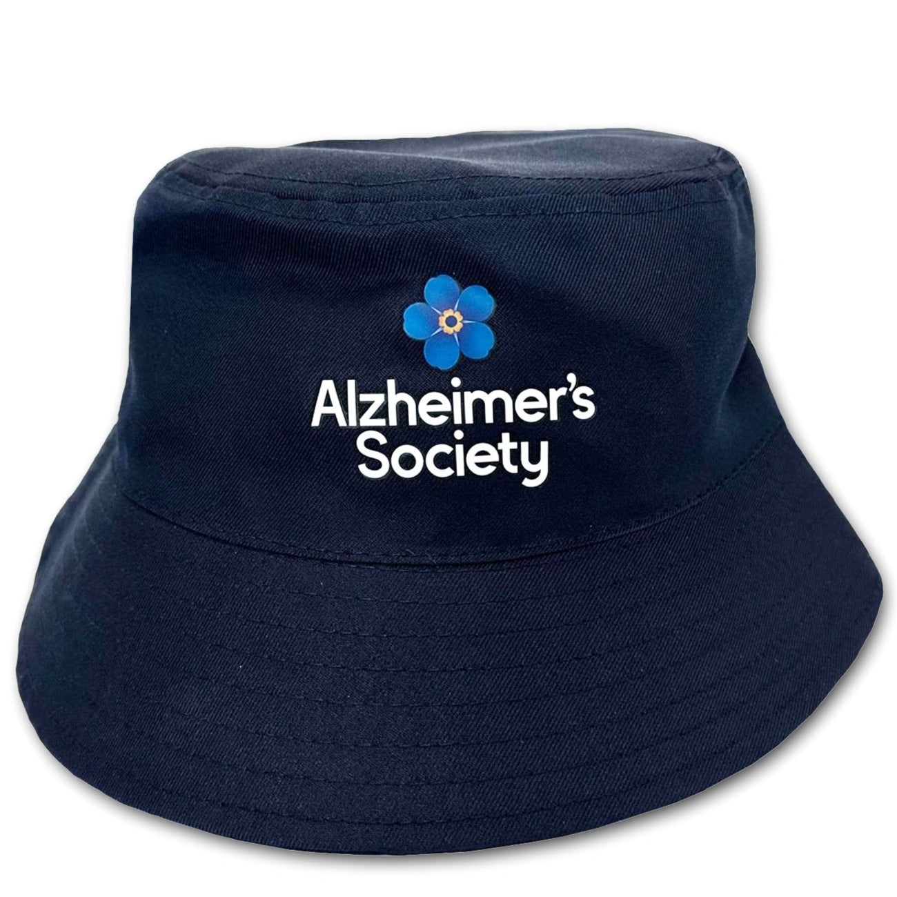 Blue bucket hat with forget-me-not logo on front.