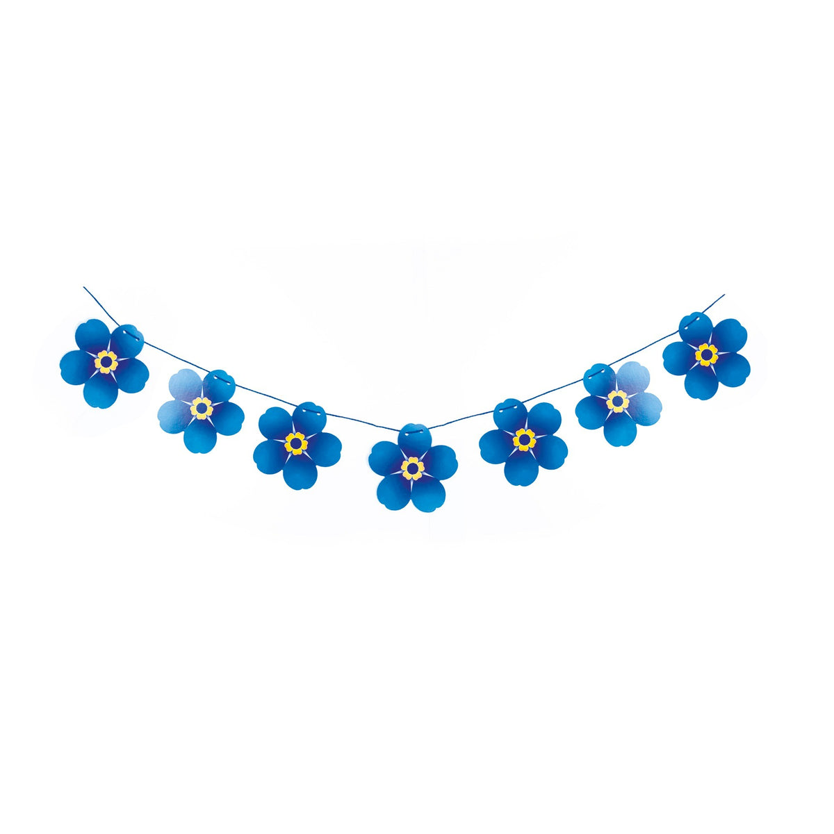 7 large forget-me-nots hung on string on a white background.