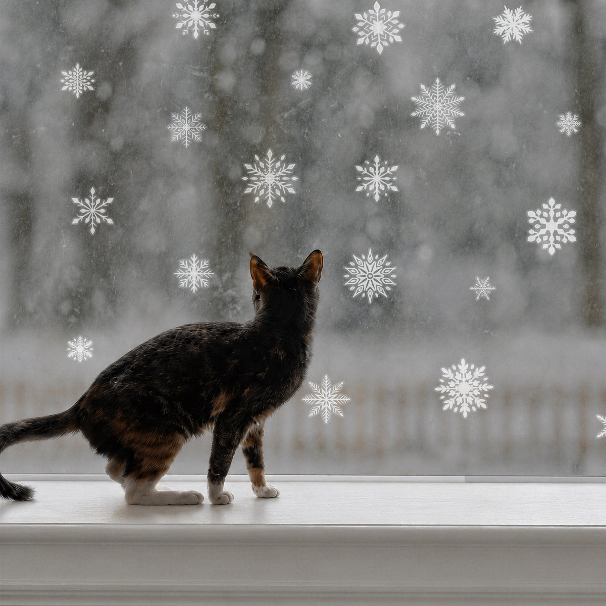 A black and white calico cat sits on a white windowsill looking out at a snowy, blurred outdoor scene, with white snowflake decals scattered on the windowpane.